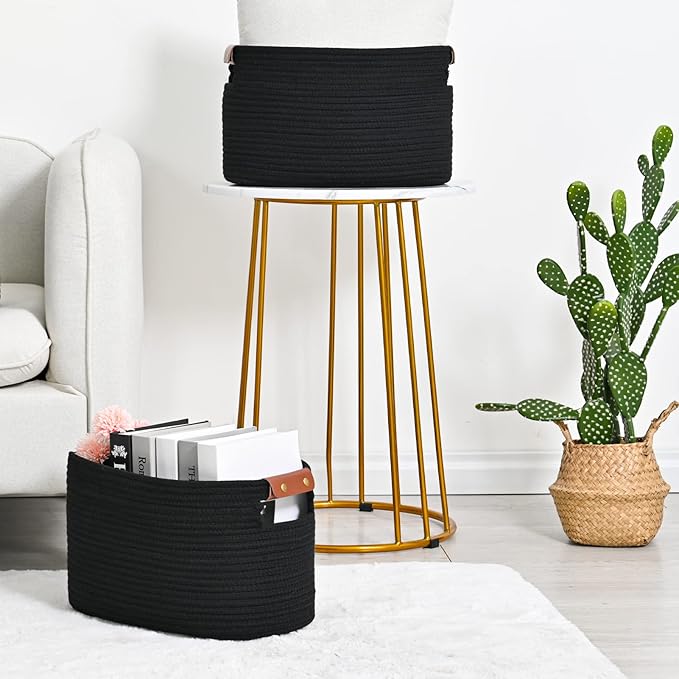 ECDYQXVU Cotton Rope Basket, Storage Baskets with Handle, 15x10x9 Inch Woven Basket for Shelves, Laundry, Towels, Clothes, Books (Black 1Pack)