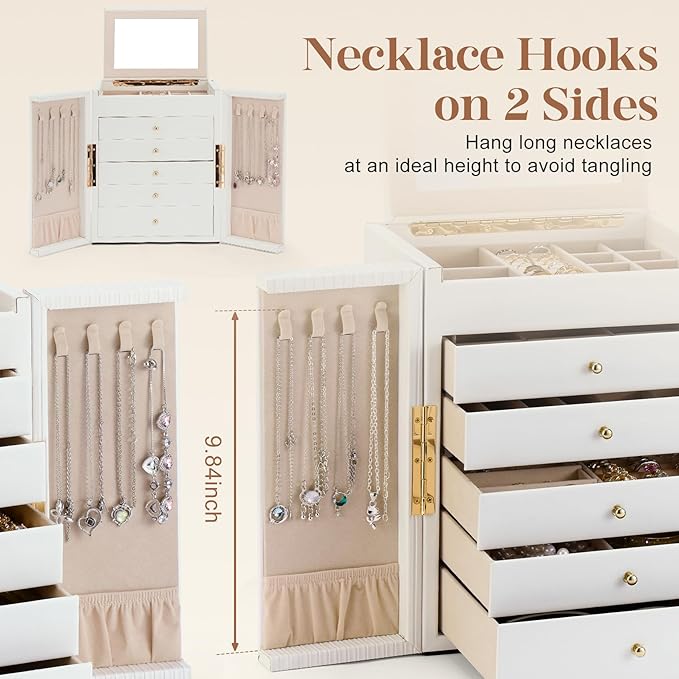Dajasan Large Jewelry Organizer Box, Jewelry Boxes for Women Girls, 6-Tier Jewelry Storage Organizer with Mirror for Necklace Ring Bracelet Watch, Gift Idea (White)