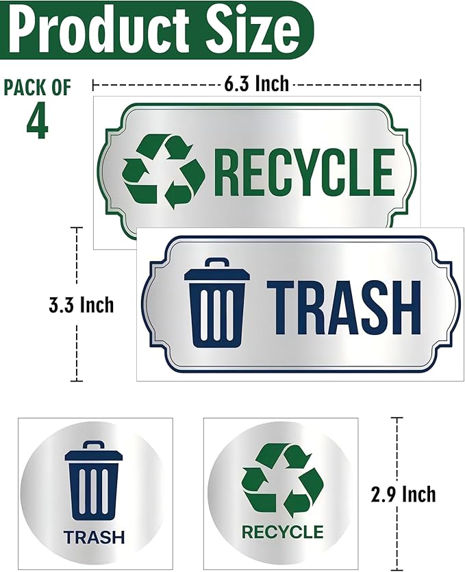 Recycle Stickers for Trash Bins 4Pcs, Waterproof Self-Adhesive Trash and Recycle Stickers for Home, Office, Hotel, Apartment, School, Recycling Signs for Indoor/Outdoor Garbage Can