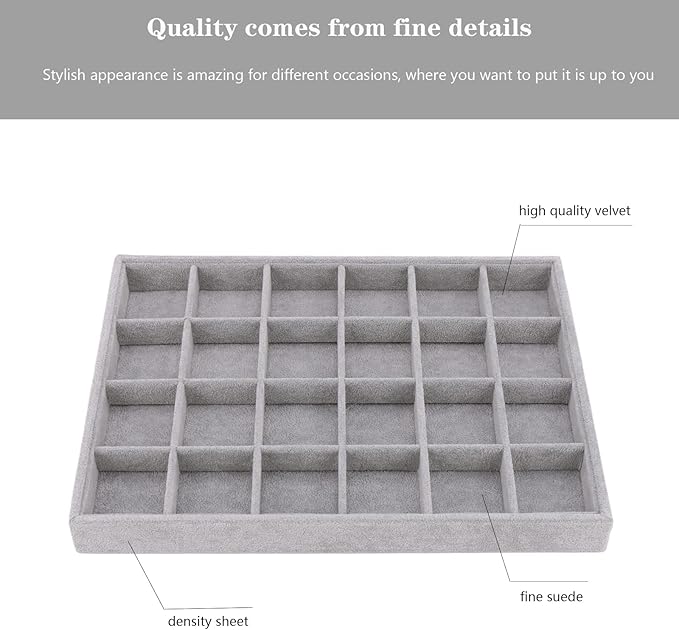 Large Velvet Jewelry Tray, Drawer Organizer for Jewelry in Dresser, Stackable Jewelry Drawer Organizer Inserts for Earring Necklace Bracelet Rings(Grey,24grid)