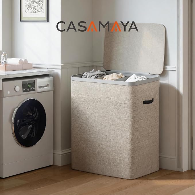 CASAMAYA Laundry Basket with Lid, Laundry Hamper 3 Section, 190L collapsible Laundry Organizer, Easy Assembly, with Handles and Removable Liners, 25.2 x 15.7 x 29.5 Inches, Beige JSP904M