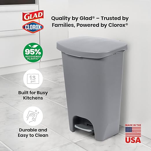 Glad Kitchen Trash Can | Large Plastic Waste Bin with Odor Protection of Lid | Hands Free with Step On Foot Pedal and Garbage Bag Rings, 13 Gallon, Grey