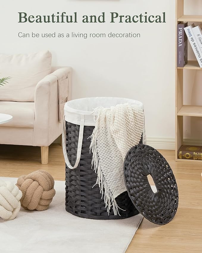 SETVSON Laundry Hamper with Lid Laundry Basket with Lid 19.0 Gal (72 L) Round Wicker Laundry Basket Handwoven Rattan Basket with Lid Removable Bag 2 Mesh Bags Handles for Living Room Bathroom Black