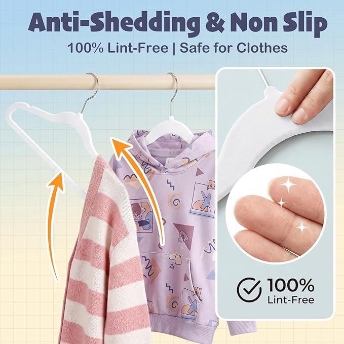 HOUSE DAY 14 Inch Kids Velvet Hangers 50 Pack, Durable Big Kids Hangers for Youth,Teen, Non Slip Kid Felt Hanger, Cute Childrens Hanger for Closet, White