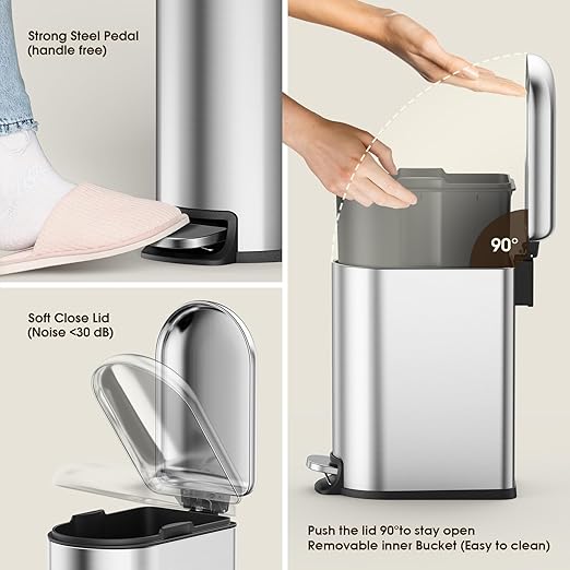 CEROELDA Small Bathroom Trash Can with Lid Soft Close, 5L/1.3 Gallon Stainless Steel Slim Garbage Can, Metal Waste Basket with Step Pedal, for Office, Bedroom, Toilet, Dorm Room (Silver, 1.3 Gallon)