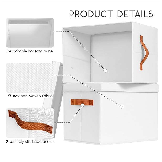 Homsorout Storage Bins with Lids - Fabric Storage Baskets for Shelves, 6 Pack Foldable Decorative Boxes with Handles, Stackable Organizer Bins for Home, Nursery, Dorm, White