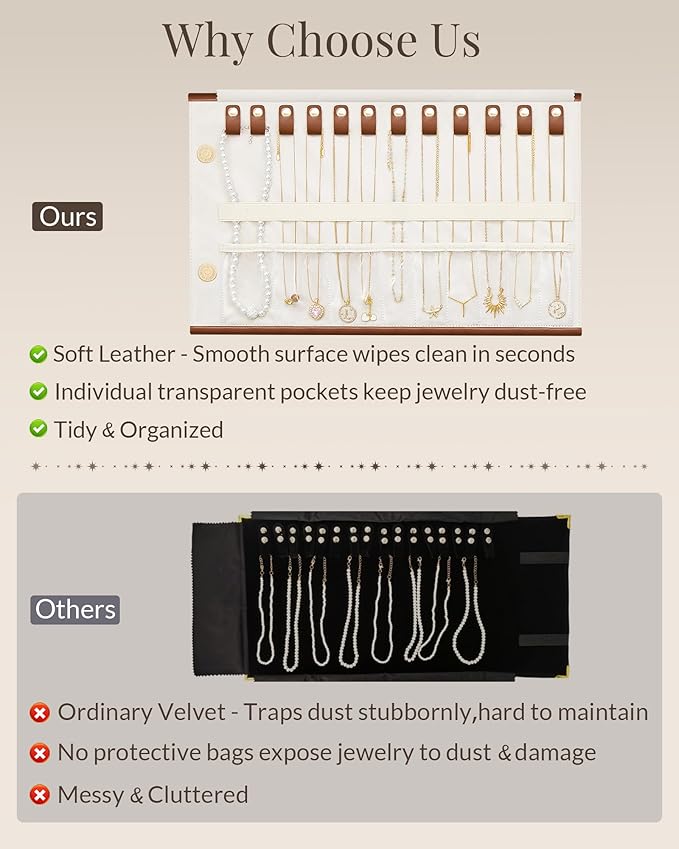 Lolalet Travel Necklace Organizer, Tangle-Free Necklace Case for Travel, Leather Foldable Roll Up Jewelry Storage Bag for Necklaces Chains Bracelets, Mothers Day Gift