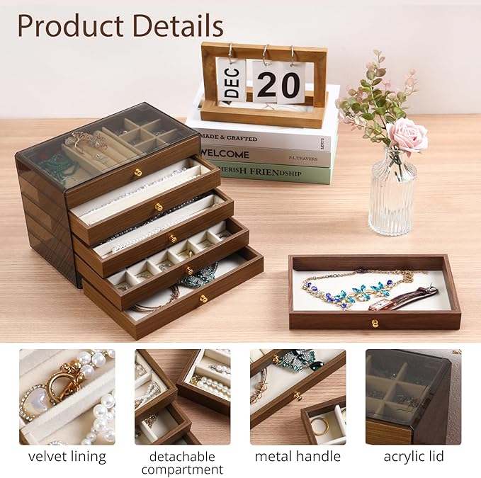 CLUQMEIK 5 Layer Large Wooden Jewelry Box with Acrylic Lid and Wooden Drawers, Stackable Jewelry Organizers and Storage Box for Women and Girls to Storing Rings Earrings Necklaces Bracelets