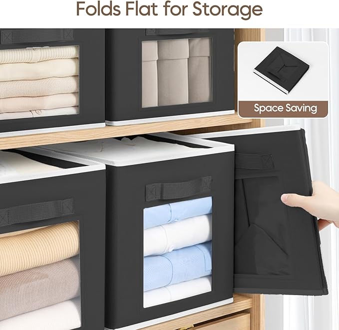 Homsorout Cube Storage Bins - Fabric Shelves for Closet Organization, Foldable Storage Bins for Clothes, Decorative Storage Baskets with Window for Home, Set of 6, Black