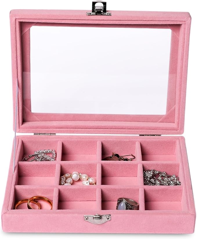 Frebeauty Jewelry Organizer Tray with Clear Lid,12 Grid Velvet Drawer Insert Jewelry Storage Box with Transparent lid Jewelry Display Case Store Showcase Jewelry Box Gift for Women(Pink,12 Grid)