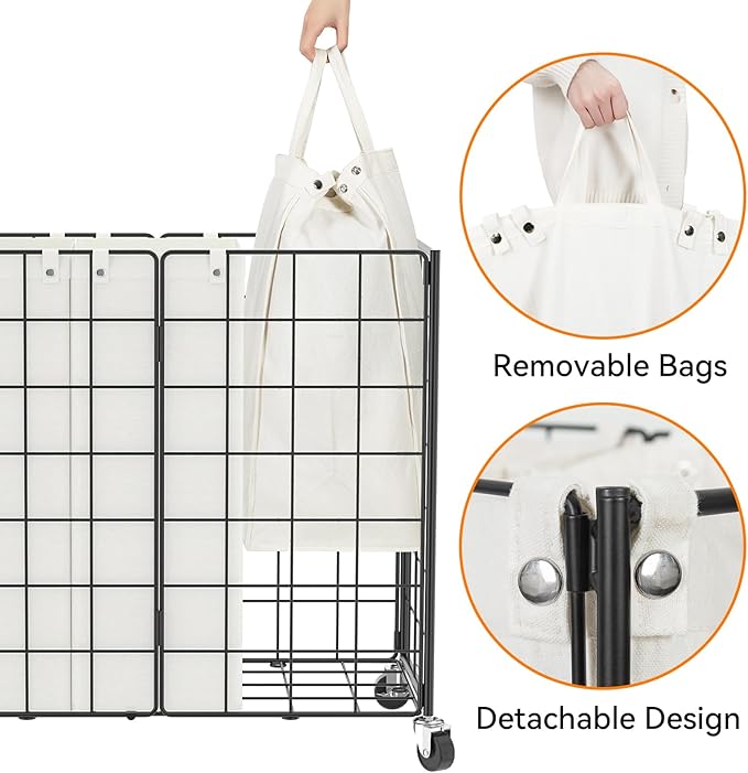 WOWLIVE Laundry Hamper with Wheels,Metal Wire Frame Rolling Laundry Basket 3 Section with Removable bags,150L Dirty Clothes Hamper Organizer Dorm Room Storage for Bedroom,Bathroom,Black and White