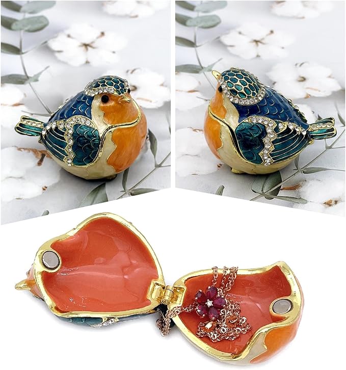JWT Astyle Robin Bird Hinged Jewelry Box with Stones, Collectible Animal Trinket Box.Rings Earrings Storage Boxes,Bird Figurine Home Decor Gift