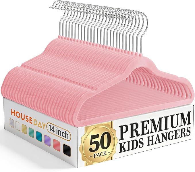 HOUSE DAY 14 Inch Kids Velvet Hangers 50 Pack, Durable Big Kids Hangers, Non Slip Kid Felt Hanger for Youth, Cute Childrens Hanger for Closet, Pink