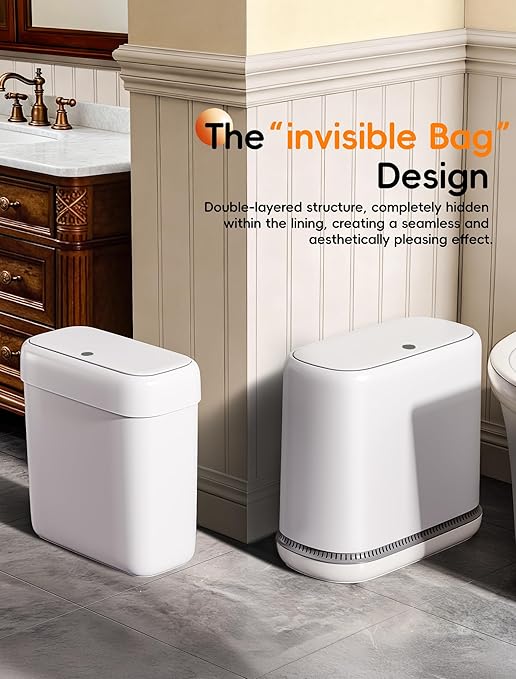 Bathroom Trash Can with Lid, Slim 3.3 Gallon Vacuum adsorption Garbage Bin, Narrow Press Top Waste Basket for Odor Control & Dog Proof for Bathroom Bedroom Office Home