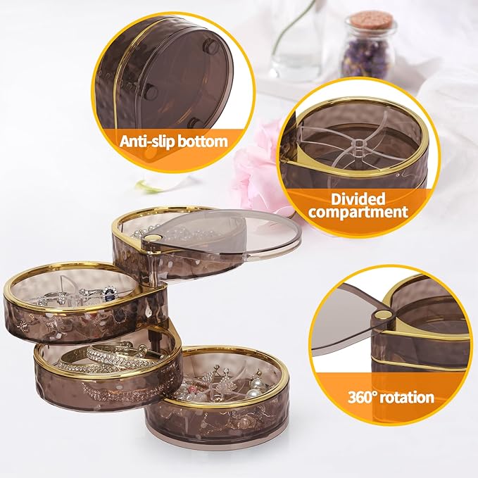 LETURE 4-Layers Rotatable Jewelry Organizer Storage Box, Clear Jewelry Holder Case for Ring Earring Necklaces Bracelets Makeup Hair Accessories