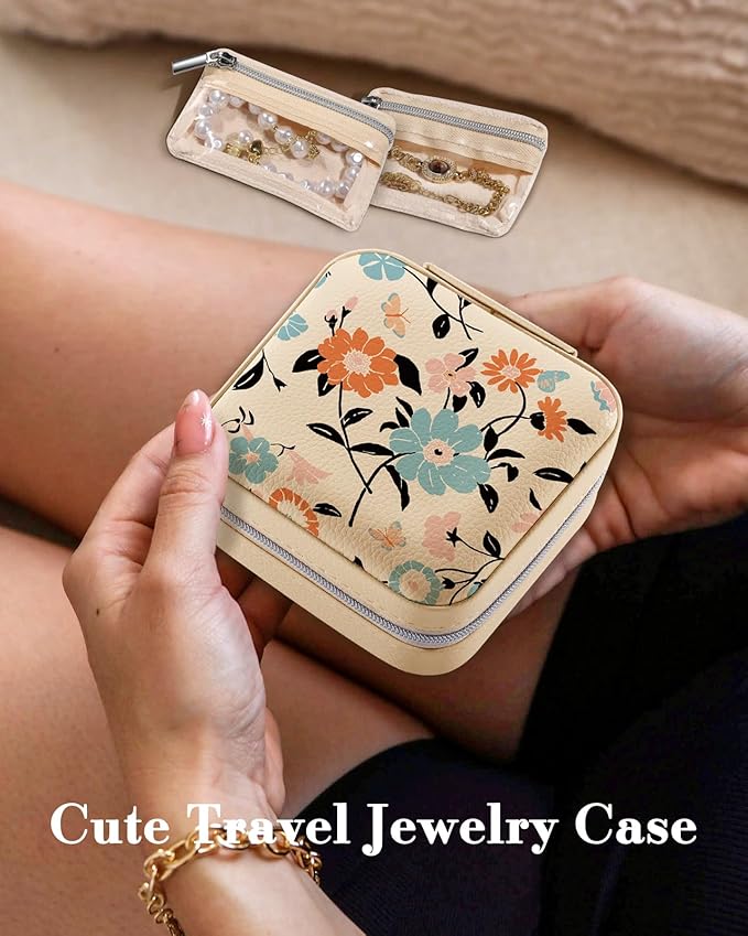 Bistup Travel Jewelry Case - Small Jewelry Organizers and Storage Box for Women Girls Teens Cute Traveling Jewelry Holder with Mirror Little Tiny Compact Blue Floral Modern Unique Aesthetic Pretty