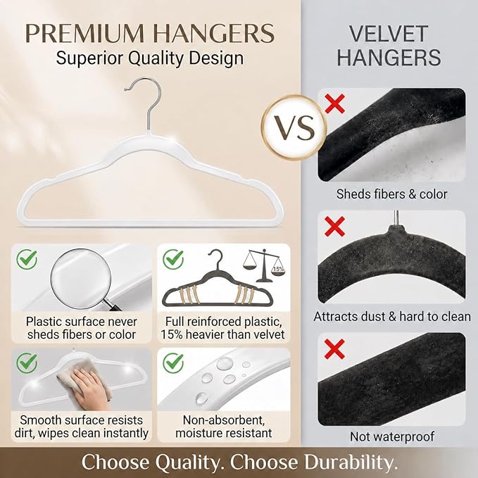 SMARTOR 100 Pack Non-Velvet Plastic Hangers for Clothes - Heavy Duty Coat Hanger - Space-Saving Clothes Hanger with Chrome Swivel Hook, Durable Non-Flocked - White