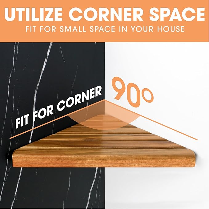 ENKEZI Acacia 2,3,4 Tiers Corner Shower Shelf, Triangular Corner Shelf Wooden Bathroom Shelf for Tiled Wall, Shower Corner Shelf, No Drilling Requied (4)