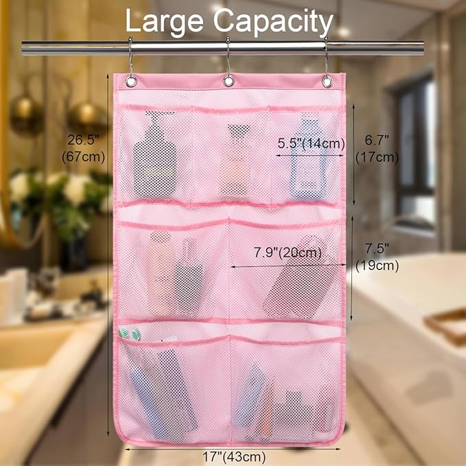 GYEUKHAM Hanging Mesh Shower Caddy for Bathroom - Quick Drying Portable Shower Organizer with Multiple Pockets for Soap,Shampoo and Cruise Ship Essentials Saving Bathroom Storage,Pink,2 Pack