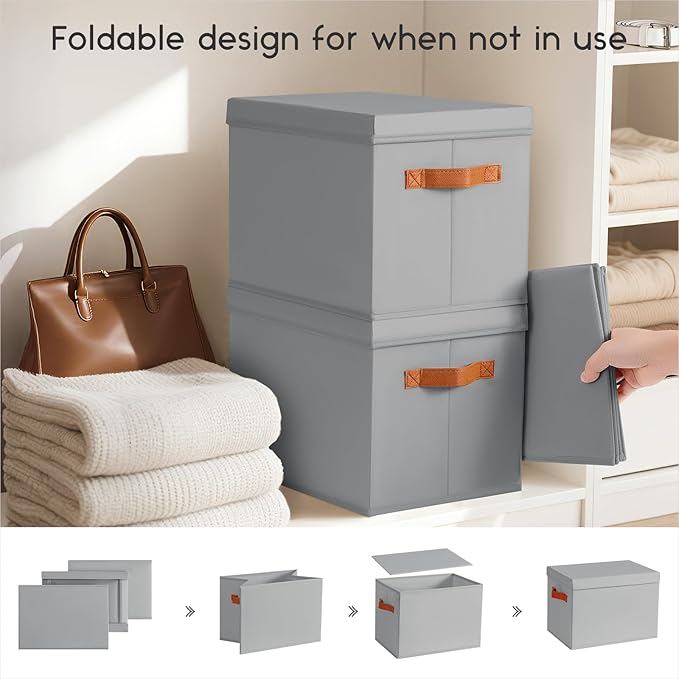Homsorout Storage Bins with Lids - Large Fabric Closet Bins with Lid, 5 Pack Clothes Organizers and Storage, Collapsible Stackable Cube Basket for Home, Office, Dorm, Grey