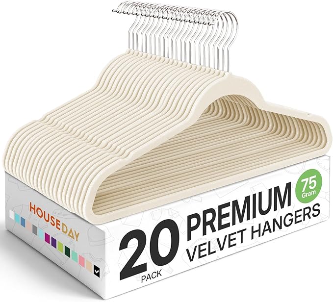 HOUSE DAY Premium Velvet Clothes Hangers Non-Slip Flocked Felt Hangers Heavy Duty Durable Coat and Suit Hanger, Vibrant Color Slim Lightweight Space Saving Hanger (20 Pack, Ivory)