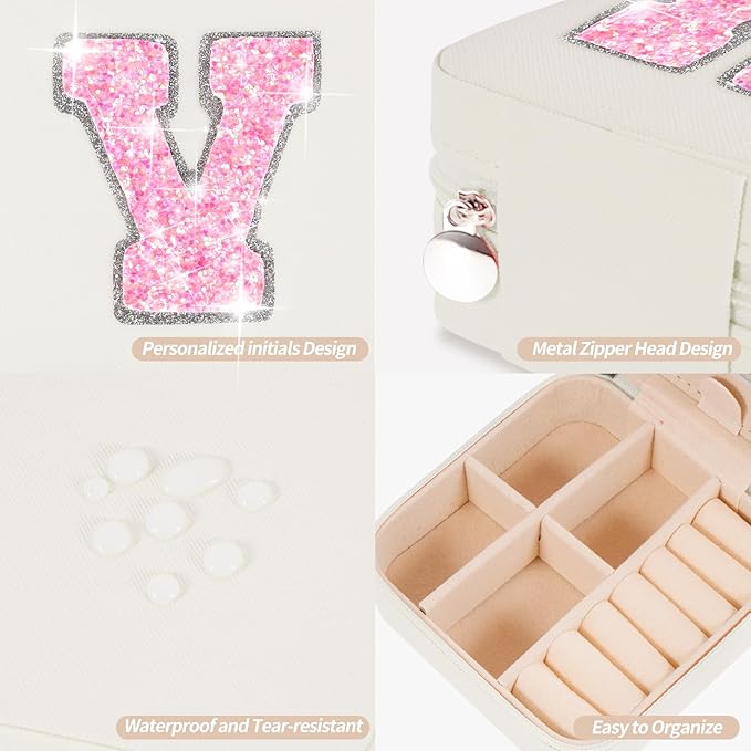 Uygafly Personalized Jewelry Case for Women Girls - Fashion Mini Jewelry Boxes - Trendy Travel Jewelry Organizer with Initials Letter - Teen Gifts | Cream,V