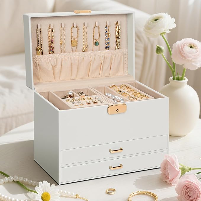AKOZLIN Travel Jewelry Box Organizer Functional 2-trays Leather Jewelry Storage Case with Lockable Portable 2 Drawers for Women Girls Ring Necklace Earring Bracelet