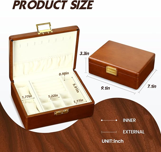Solid Walnut Wood Jewelry Box with Lock, 2 Layer Velvet Jewelry Organizer Storage for Earrings Rings Necklaces Bracelets Cufflink, Gift Idea for Men Women, Beige