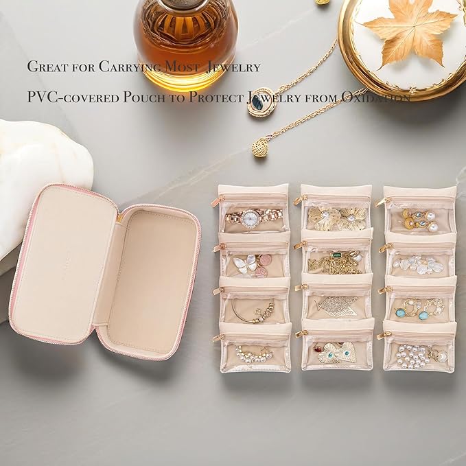 VLANDO Travel Jewelry Box Organizer – Portable PU Leather Jewelry Case with 6/8/12 Zippered Pouches, Compact Storage for Earrings Rings Necklaces Bracelets, Strawberry Pink