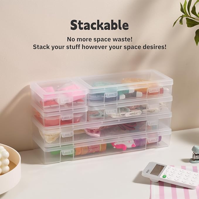 novelinks Plastic Clear Storage Containers for Organizing, Craft Storage Organizers and Stackable Storage Bins with Lids for Pencil Box, Bead, Cookie Cutter, Board Game (6 Pack Small + 6 Pack Medium)