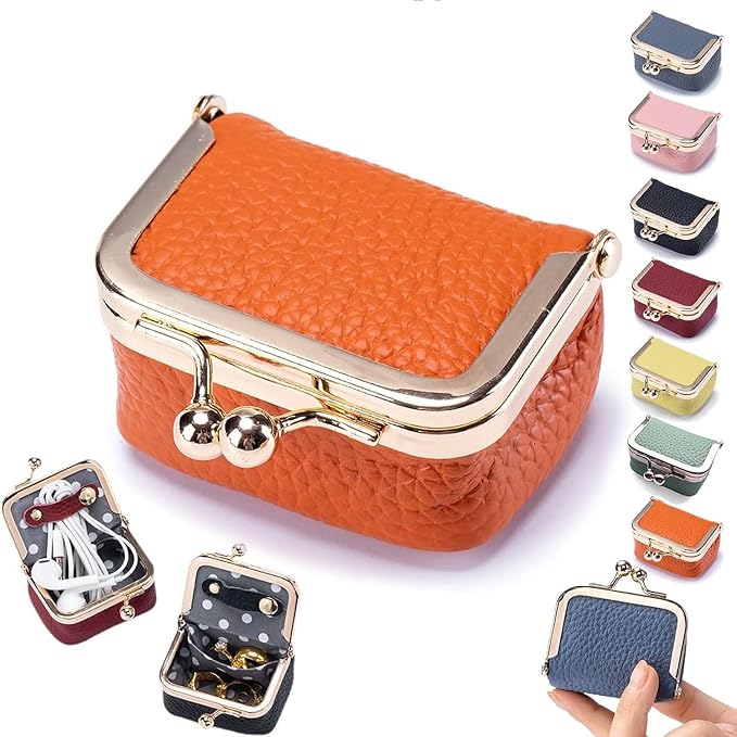 Leather Mini Jewelry Box, Portable Vintage Leather Coin Purse Jewelry Box with kiss Lock, Mini Travel Ring Box for Earrings/Rings/Necklaces/Bracelets