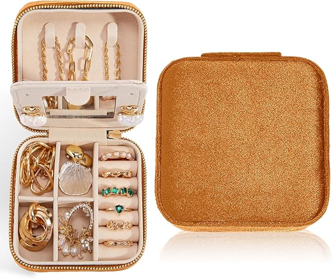 Smileshe Travel Velvet Jewelry Box with Mirror, Mini Gifts Case for Women Girls, Small Portable Organizer Boxes for Rings Earrings Necklaces Bracelets
