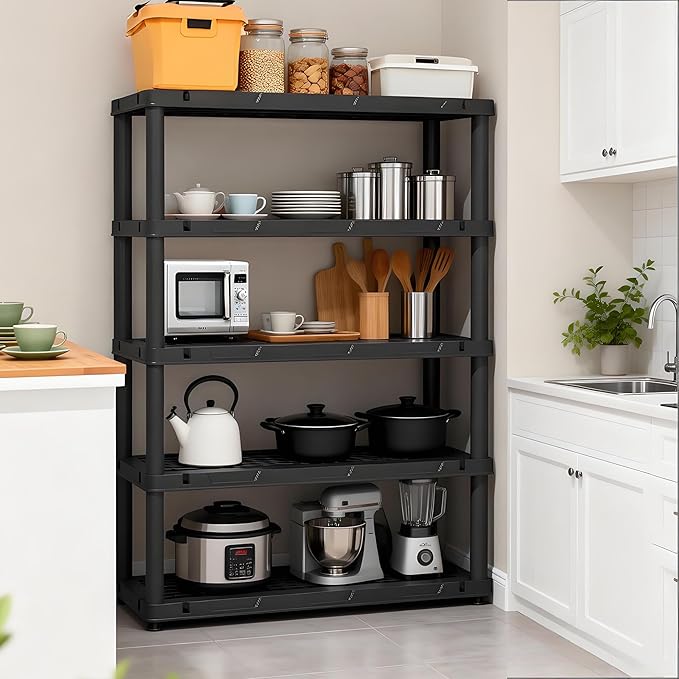 72”H Plastic Garage Storage Shelves,5-Tier Heavy Duty Plastic Shelving,700LBS Plastic Shelving Units Free Standing,for Home,Garage,Basement, Laundry,Black,16.93" Dx35.43 Wx72.44 H