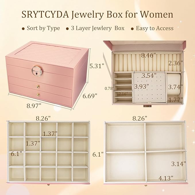 SRTCYDA Jewelry Box for Women, Large PU Leather jewelry organizers and storage, 3-Layer Jewelry Storage with 2 Drawers, Space-Saving Design for Vanity, Holds All Types of Jewelry (Pink)