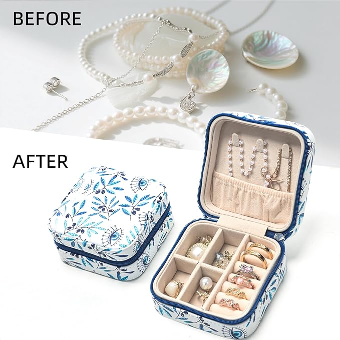 shunmei Mini Travel Jewelry Box,PU Leather Portable Jewelry Organizer Case,Art Accessories Storage Holder Boxes for Earring, Necklace, Rings, Bracelets (Leaf)