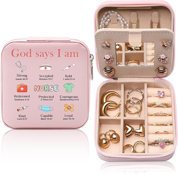 GAOLZIUY Nurse Jewelry Box Gifts for Women, Nurse Week Practitioner RN Graduation Appreciation Gifts for Nursing Students, Medical Assistant, God Says I Am Jewelry Case for Nurses Female