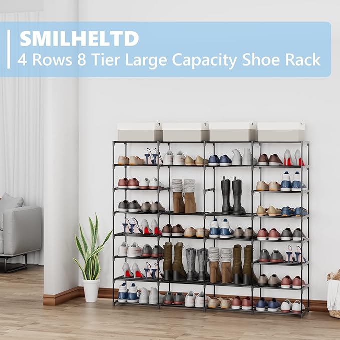 SMILHELTD Large Shoe Rack 8 Tier 64 Pairs for Entryway, Heavy Duty Storage Shelves Unit with Customizable Height for Boots, Space Saving Organizer for Hallway Garage (66.1" W x 49.2" H)