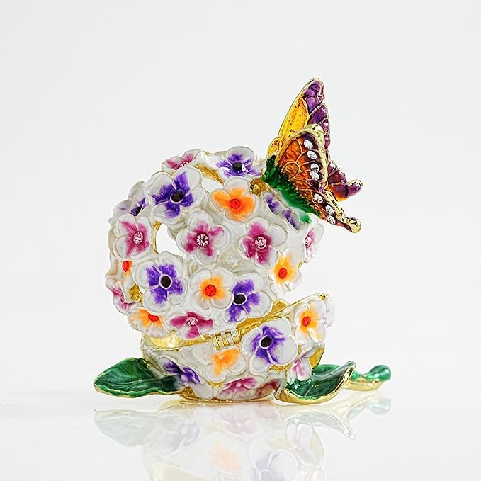 YU FENG Enamel Butterfly Trinket Box Jewelry Organizer, Decorative Hinged Keepsake Box – Butterfly with Floral Ball Design