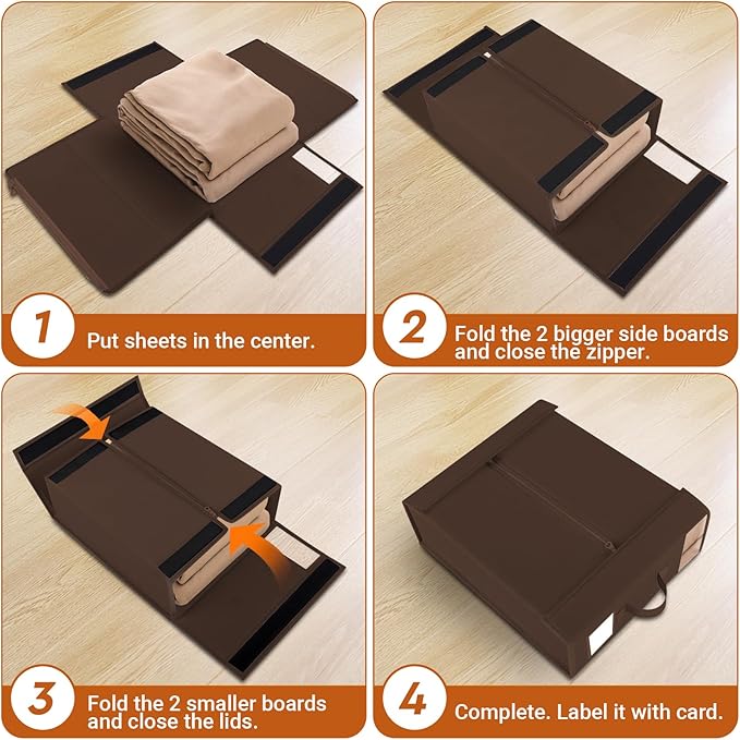 StorageTastic 8 Pack Bed Sheet Closet Organizers and Storage,Sturdy Foldable Storage Containers with Window and Label,Storage and Organization for Bedding Sheets,Duvet Covers,Blankets (Brown)
