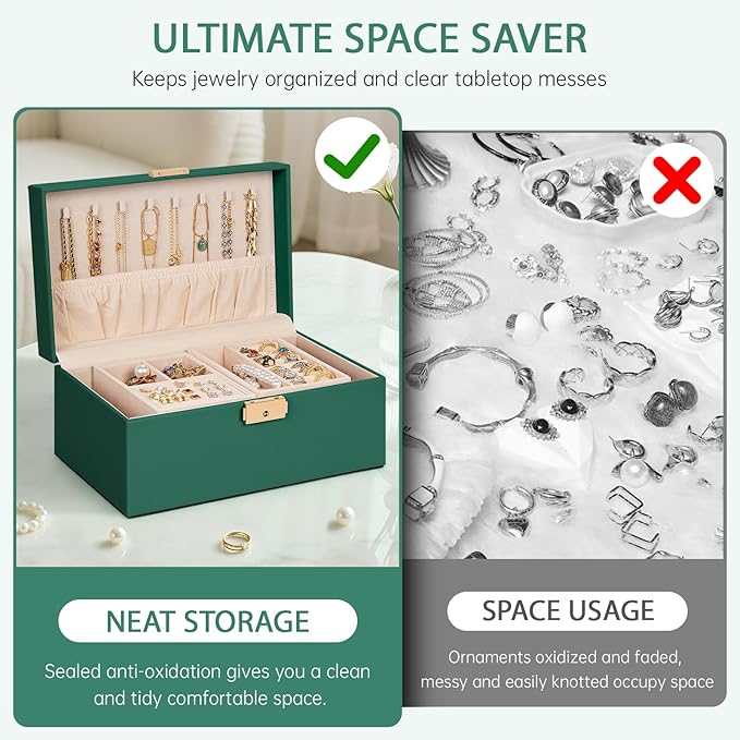 AKOZLIN Travel Jewelry Box Organizer Functional 2-trays Leather Jewelry Storage Case with Lockable Portable for Women Girls Ring Necklace Earring Bracelet