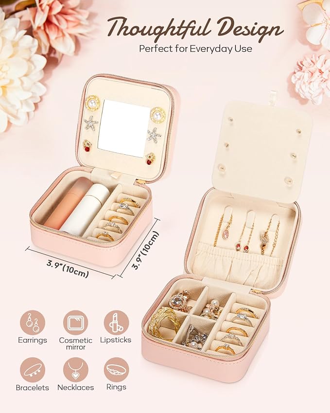 Enthralite Travel Jewelry Box for Girls: Traveling Jewelry Case Gift for Women - Mini Organizer for Necklaces Earrings Pink T
