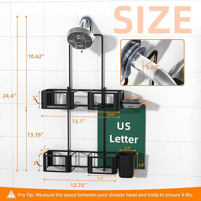 Epicano Hanging Shower Caddy for Handheld Showerheads, Anti-Swing Overhead ShowerCaddy with Removable Hooks & Holders for Razor, Sponge, Soap & Toothbrush, Stainless Steel, Black
