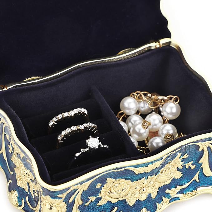 Hipiwe Vintage Jewelry Box, Small Enameled Trinket Box Organizer Rectangular Treasure Chest Box Jewelry Decorative box Keepsake Gift Box Case for Women,3.7x 2.7x 2 inch