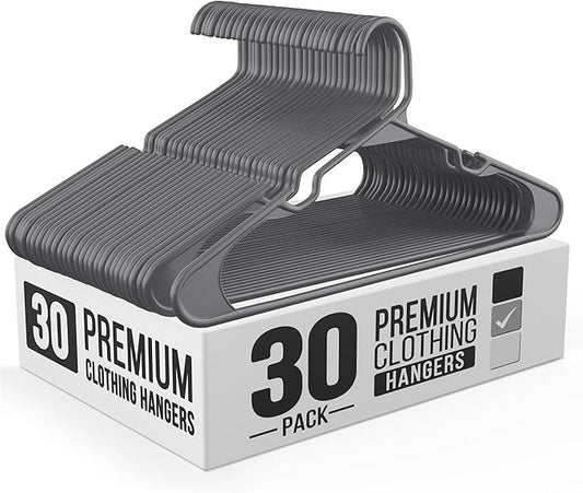 Our Modern Space 30 Pack Adult Plastic Hanger for Shirt Pants Coats Dresses Skirts Suits Jackets - Standard Thick Coat Hanger - Sturdy & Durable Design with Shoulder Grooves Hook - Grey
