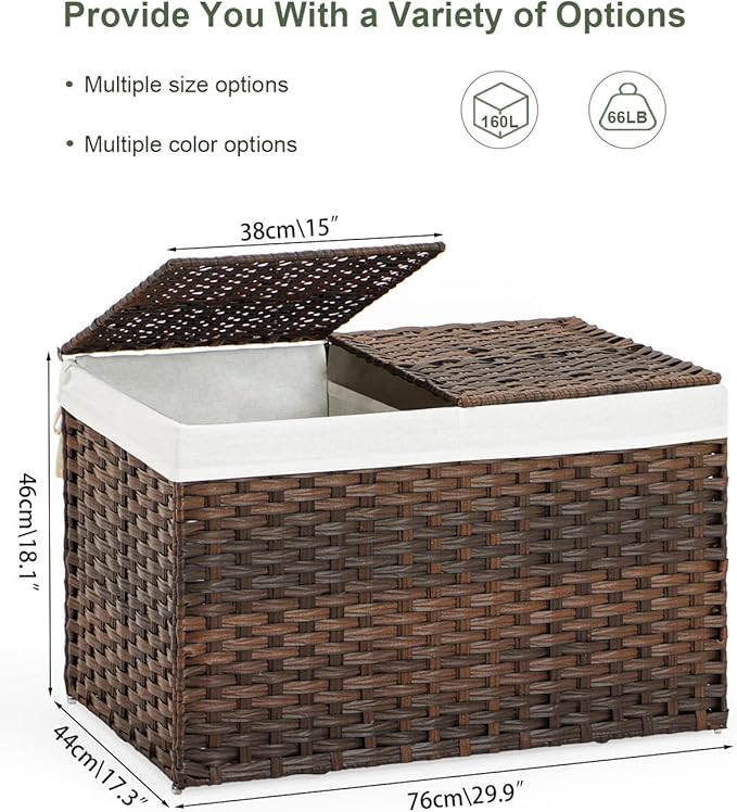 SETVSON Storage Basket with Lid Wicker Baskets for Storage with 2 Separate Lid 42.3 Gallon (160 L) 29.9 x 17.3 x 18.1 Inches Rattan Woven Large Wicker Basket with 2 Liners for Bedroom Laundry Brown