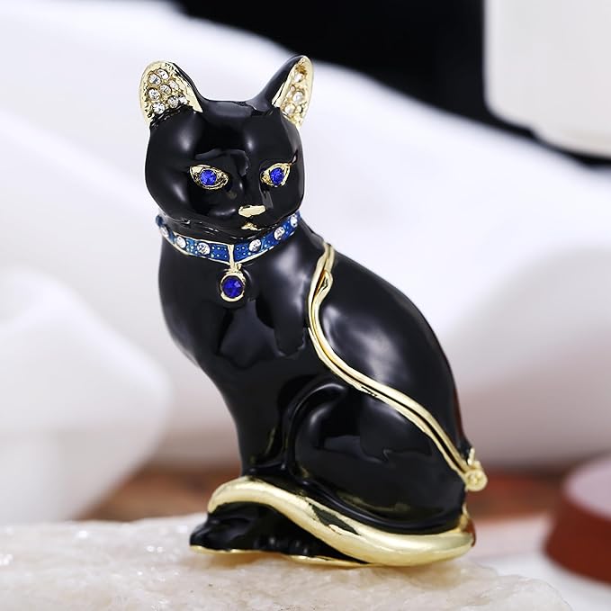 Hand Painted Animal Trinket Box for Home Decor, Hinged Jewelry Organizer Storage, Unique Personalized Collectible Keepsake Figurine Handmade Decorative Ornament Gifts (Black Cat)