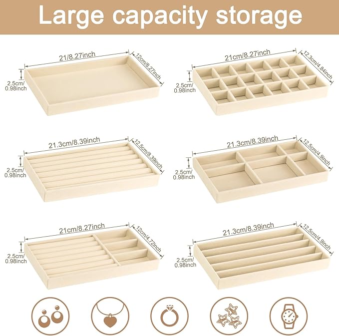 12Pcs Velvet Stackable Jewelry Trays, Jewelry Drawer Organizer, Large Removable Display Jewelry Tray, Necklace Bracelet Storage Box for Earring, Ring, Brooch, Watch (Beige)