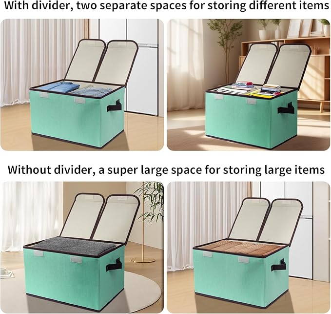 Foldable Fabric Storage Box, 16.5 x 11.8 x 9.8 inches (L x W x H), with Double-Lid & Dividers, Large Organizer for Home, Closet, Office(Green, 1 Pack)