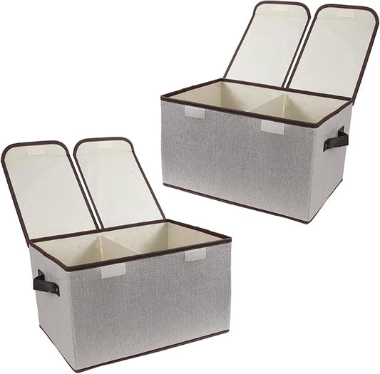 Foldable Fabric Storage Box with Double-Lid & Dividers, Large Organizer for Home, Closet, Office (Grey, 2 Packs)