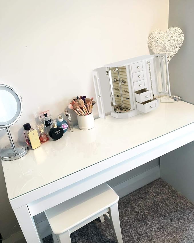 RR ROUND RICH DESIGN Jewelry Box - Made of Solid Wood with Cabinet Type 5 Drawers Organizer and 2 Separated Open Doors on 2 Sides and Large Mirror White